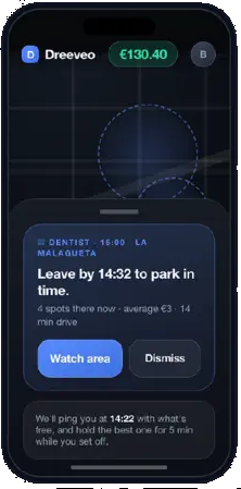 La app Dreeveo avisando de cuándo salir para aparcar a tiempo